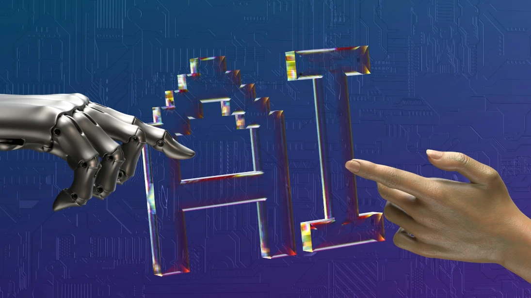 AI monitoring two hands touching each other in front of a blue background