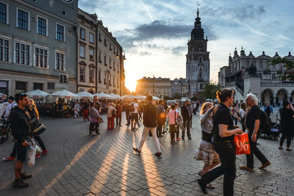 AI monitoring people walking on street near concrete buildings