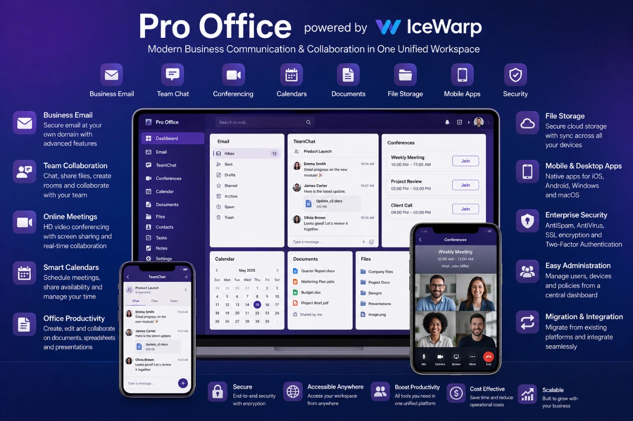 Pro Office powered by IceWarp collaboration dashboard with business email, conferencing, team chat, file storage, and productivity tools.